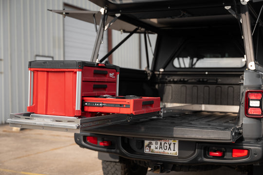 Milwaukee packout drawer toolbox mounted on truck bed slide out by OzTech