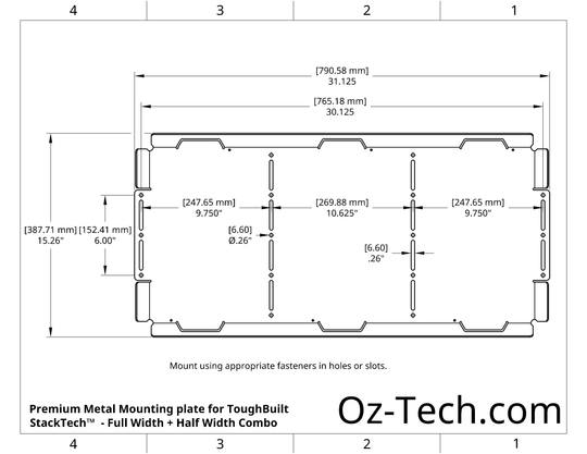 Dimensions of a Toughbuilt Stacktech mounting plate that can hold a full width box and a half width box, or three half width boxes.