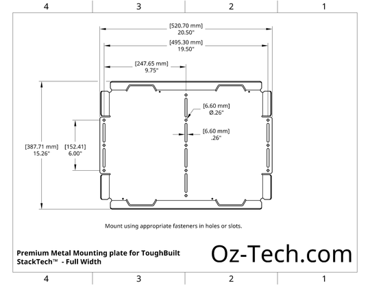 Mounting pattern and important dimensions for full width stacktech mounting plate