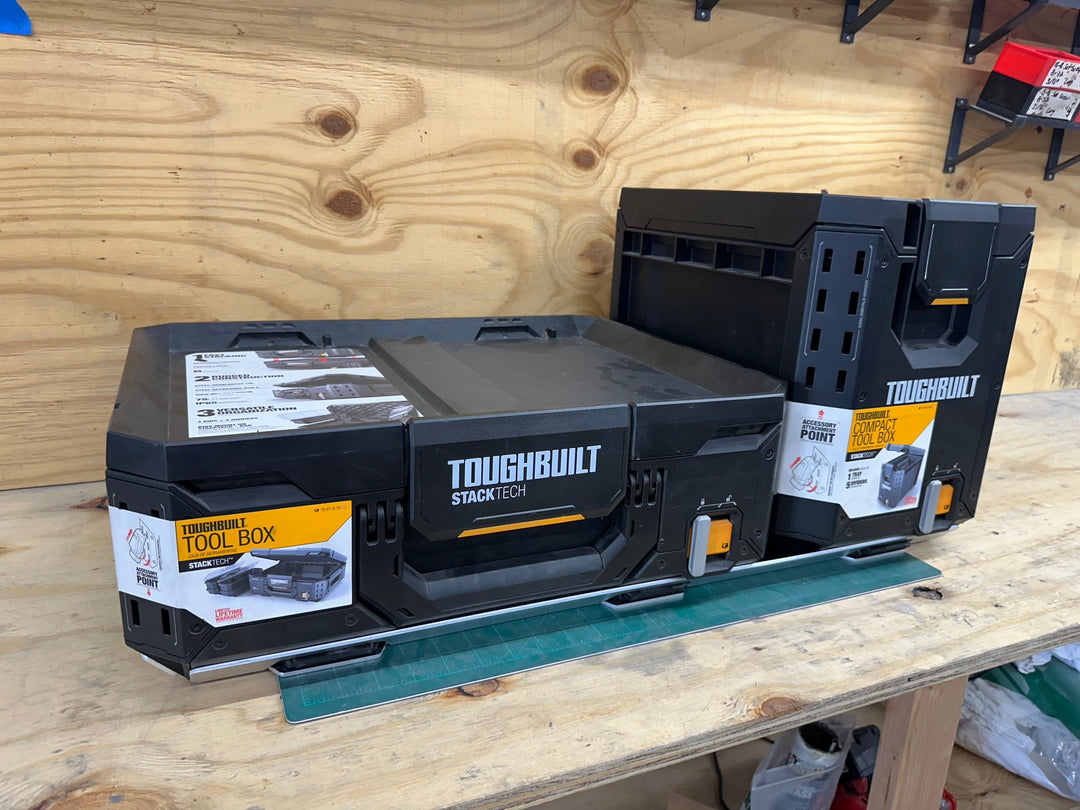 A full + half width combo mounting plate for toughbuilt stacktech with a full widht box and a half width box on it. 