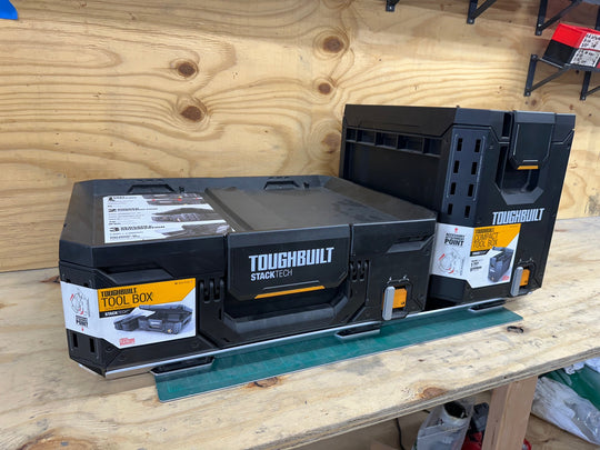 A full + half width combo mounting plate for toughbuilt stacktech with a full widht box and a half width box on it. 