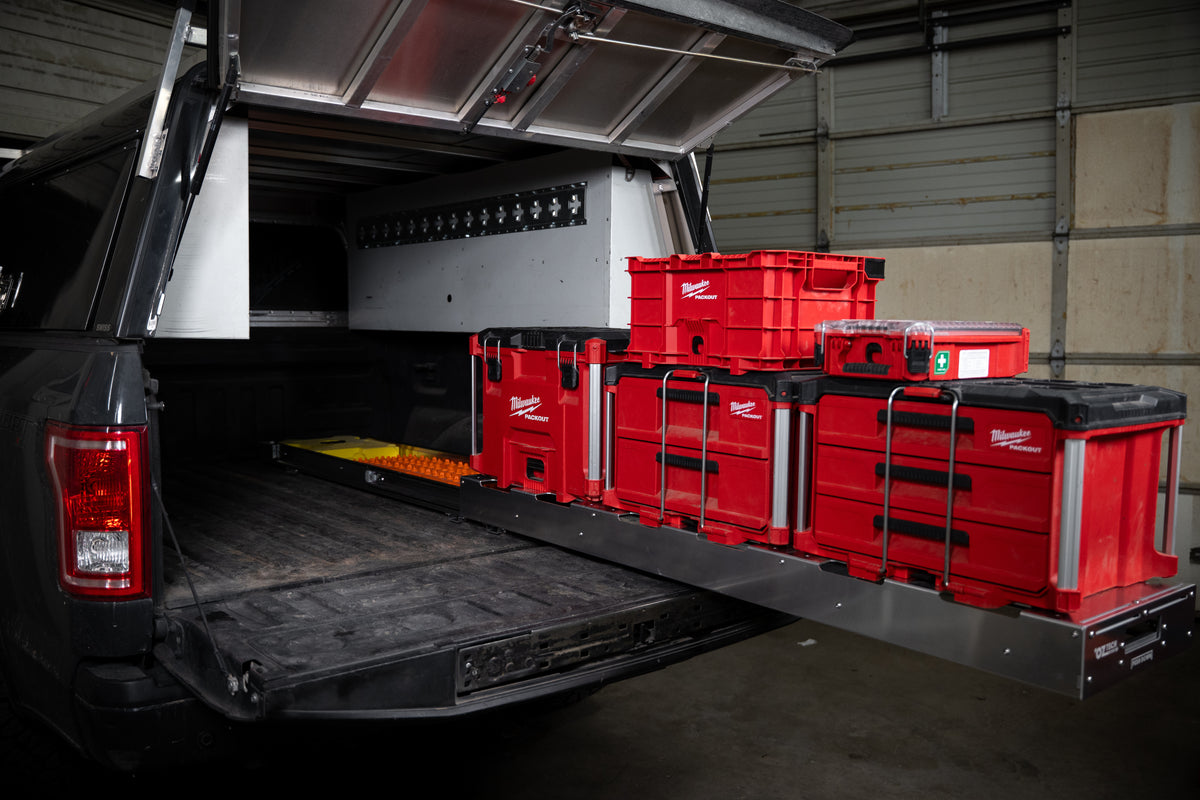 Milwaukee packout 2 & 3 drawer boxes mounted on to a Burro Utility Truck bed slide by OzTech